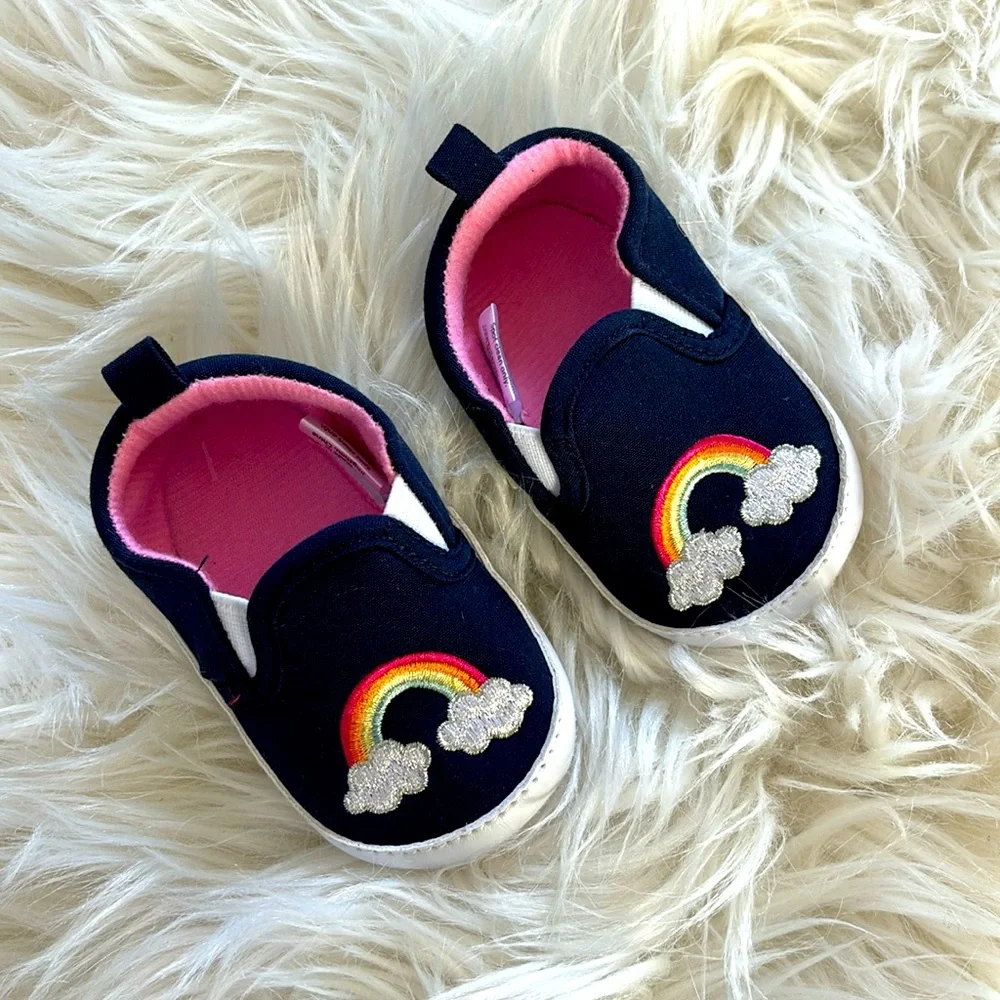 Little Treasures NWOB Rainbow Crib Shoes Navy 0-6 Months